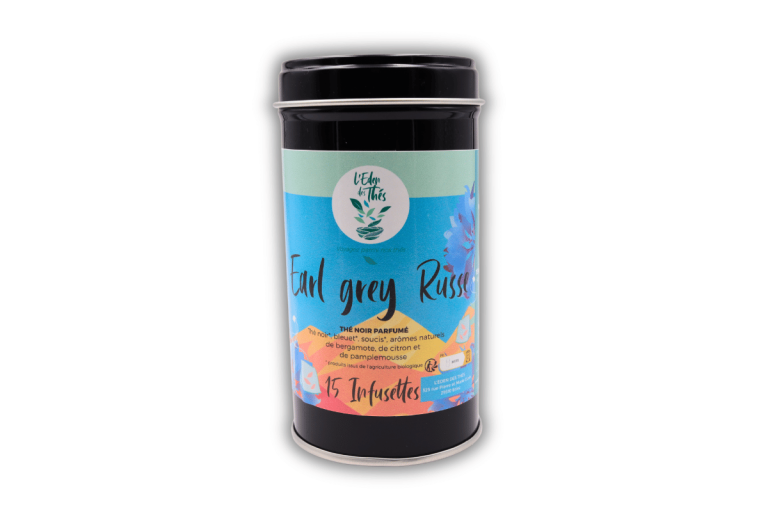 Infusette pyramide thé noir Earl Grey bio tasse ambrée agrumes bergamote citron L'Eden des Thés